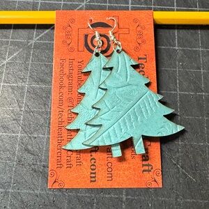 Classic Christmas tree earrings embossed aqua leather leather hand crafted